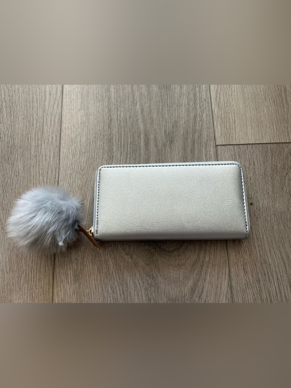 Women's Metallic Cream Zip Wallet with Pom Pom
